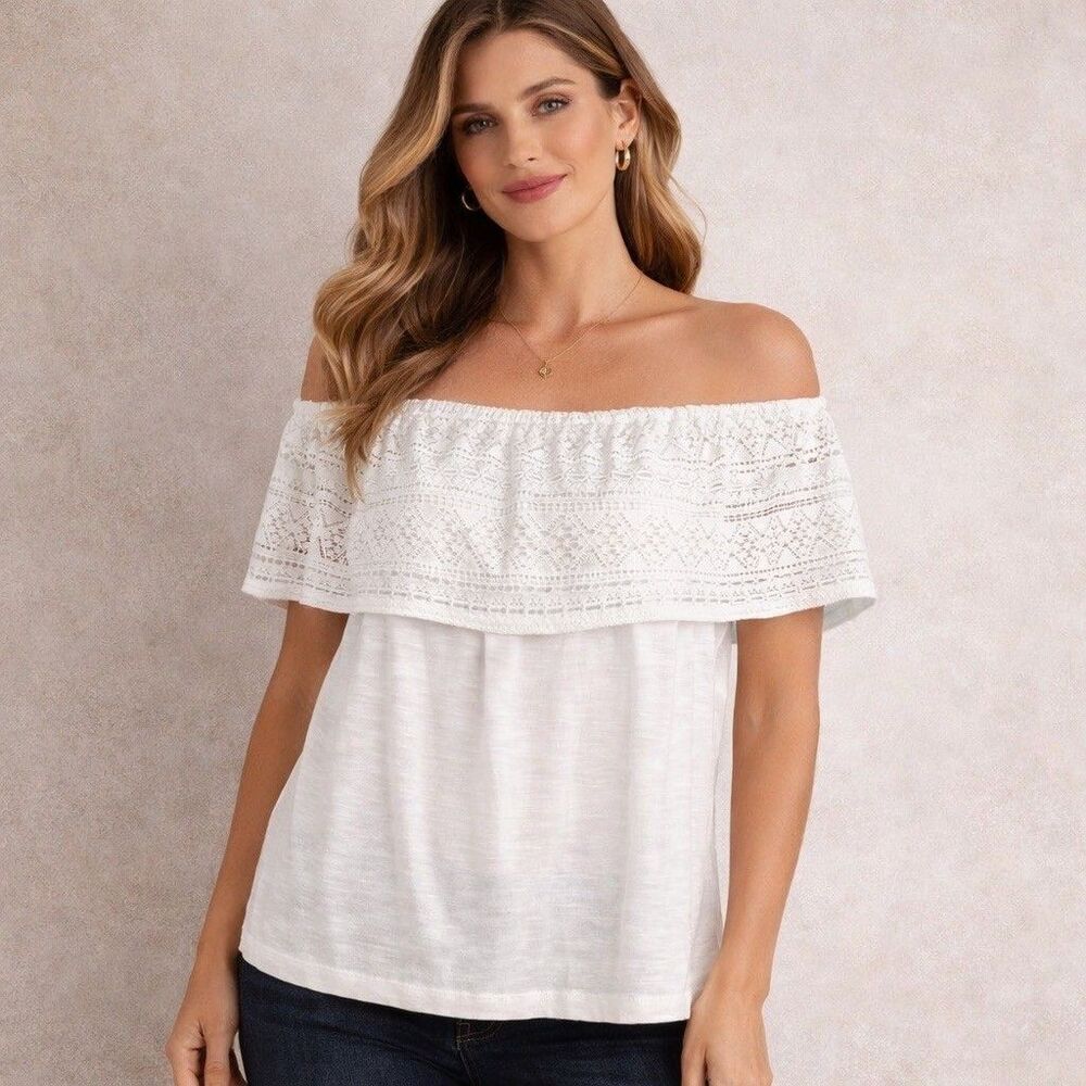 Lucky Brand Top Crochet Yoke Blouse White Womens Large Sleeveless Beach Ruffle